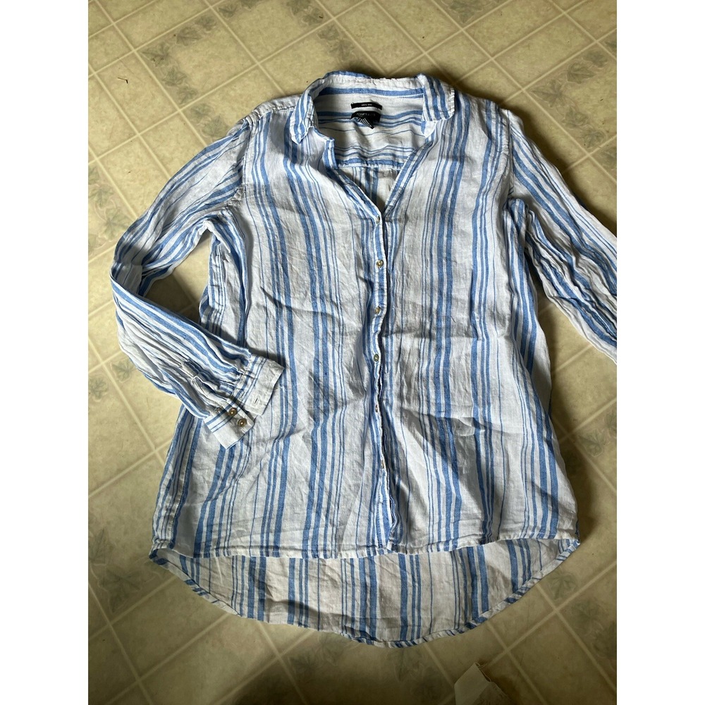 Jones & Co Linen Top Button Down Blouse Large Long Sleeve White Blue Striped